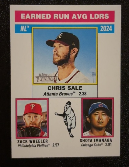2025 Topps Heritage #201 NL Earned Run AVG LDRS Chris Sale / Zack Wheeler / Shota Imanaga — front