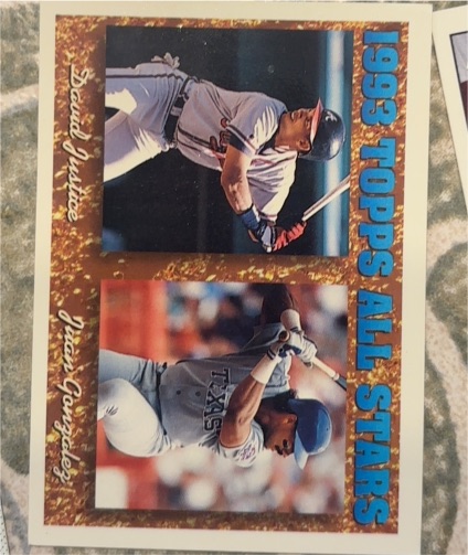 1994 Topps #389 David Justice / Juan Gonzalez — front