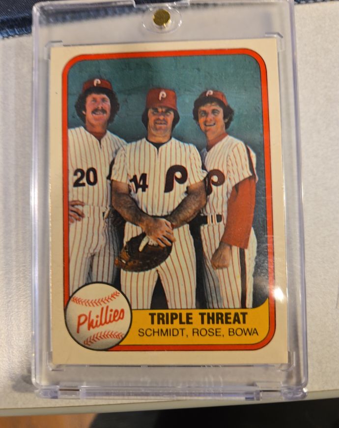 1981 Fleer #645 Triple Threat Mike Schmidt, Pete Rose, Larry Bowa — front