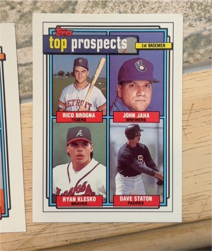 1992 Topps #126 Top Prospects Rico Brogna, John Jaha, Ryan Klesko, Dave Staton — front