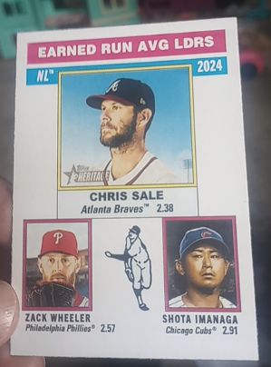 2025 Topps Heritage #201 NL Earned Run AVG LDRS (Imanaga / Wheeler / Sale) — front