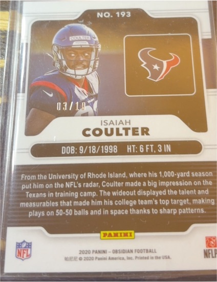 2020 Panini Obsidian Football #193 Isaiah Coulter — front