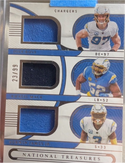 2022 Panini National Treasures #23/99 Joey Bosa Khalil Mack Derwin James Jr. Triple Patch — front