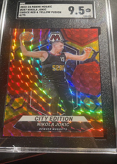 2023-24 Panini Mosaic #287 Nikola Jokic City Edition Choice Red & Yellow Fusion — front