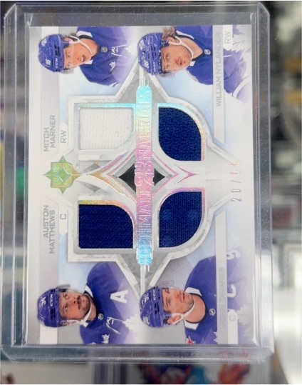 2023-24 Upper Deck Ultimate Collection Quad Materials #20/65 Auston Matthews / Mitchell Marner / William Nylander — front