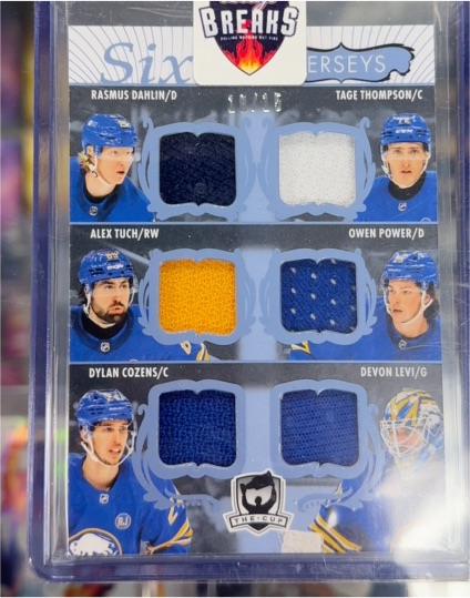 2023-24 Upper Deck The Cup Sixes Jerseys #C6-WSEHCP Rasmus Dahlin Tage Thompson Alex Tuch Owen Power Dylan Cozens Devon Levi — front