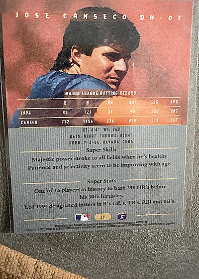 1995 Bowman's Best #29 Jose Canseco — back