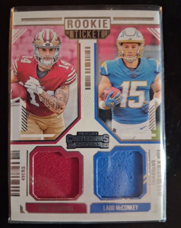 2024 Panini Contenders #DS-5 Ricky Pearsall / Ladd McConkey Rookie Ticket Dual Patch — front