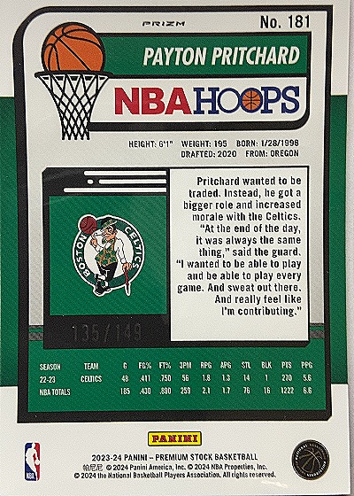2023-24 Panini NBA Hoops Premium Stock #181 Payton Pritchard — back