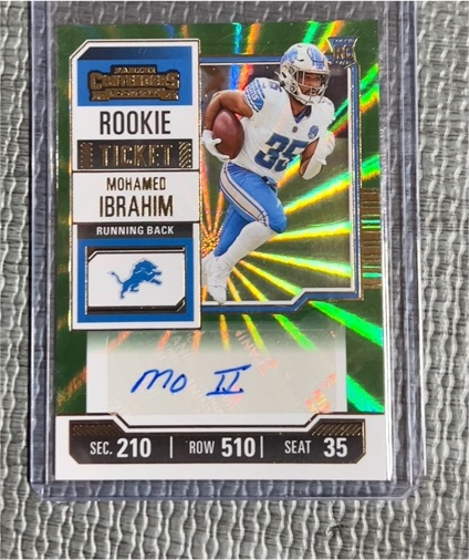 2023 Panini Contenders #253 Mohamed Ibrahim Rookie Ticket Green Laser — front