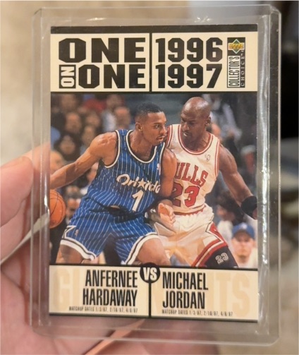 1996-97 Upper Deck Collector's Choice One on One #356 Anfernee Hardaway vs Michael Jordan — front