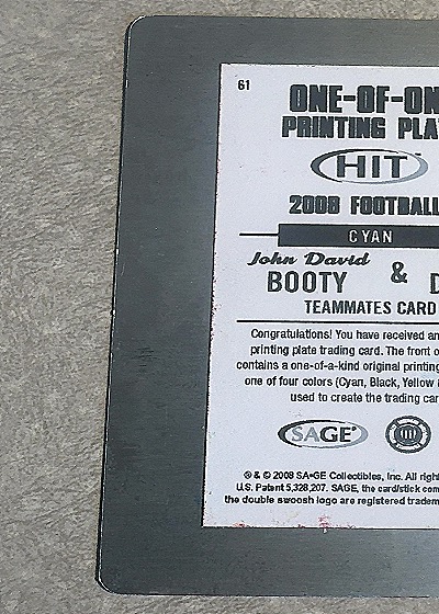 2008 SAGE HIT #61 John David Booty & DeSean Jackson Teammates Printing Plate Cyan — back