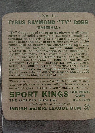 1933 Goudey Sport Kings Gum #1 Ty Cobb — back