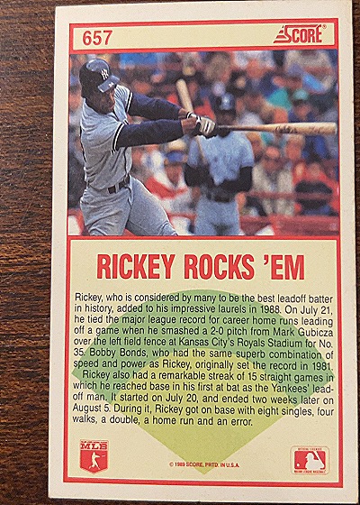 1989 Score #657 Rickey Henderson — back