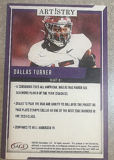 2024 Sage Artistry #MART-DT Dallas Turner — back
