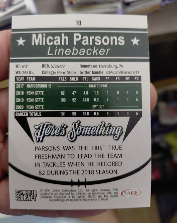 2021 Sage Premier Draft #10 Micah Parsons — front