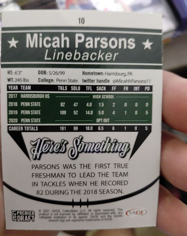 2021 SAGE Premier Draft Micah Parsons — front