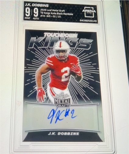 2020 Leaf Metal Draft #TK-JKD-01 J.K. Dobbins Touchdown Kings Auto Black Rainbow — front