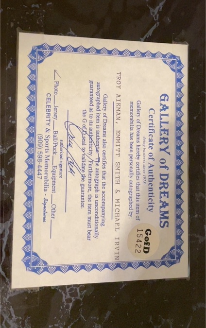 Gallery of Dreams Certificate of Authenticity 1990 Troy Aikman Emmitt Smith Michael Irvin — front