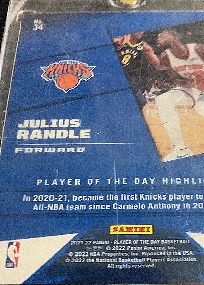 2021-22 Panini Player of the Day #34 Julius Randle — back