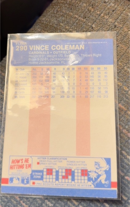 1987 Fleer #290 Vince Coleman — front