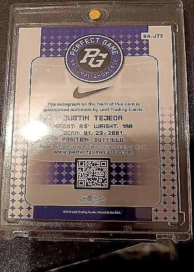 2018 Leaf Perfect Game National Showcase #3/25 Justin Tejeda — back