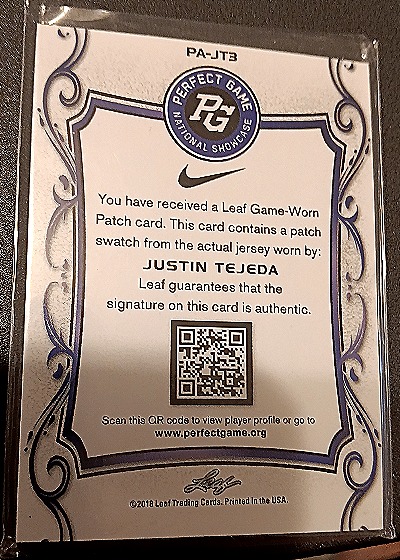 2018 Leaf Perfect Game #PA-JT3 Justin Tejeda — back