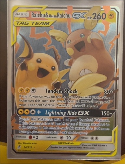 2019 Pokémon SM Unified Minds #54 Raichu & Alolan Raichu GX — front