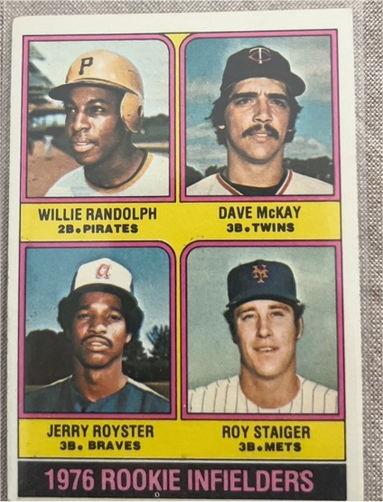 1976 Topps #592 Rookie Infielders Willie Randolph, Dave McKay, Jerry Royster, Roy Staiger — front