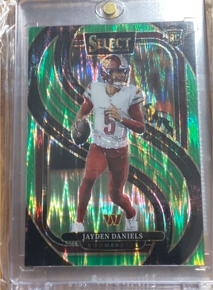 2024 Panini Select #112 Jayden Daniels Premier Level Red & Blue Prizm Shock Rookie — front