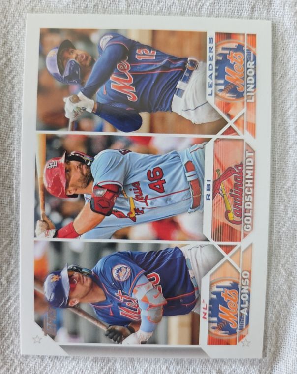 2023 Topps #240 NL RBI Leaders Pete Alonso, Paul Goldschmidt, Francisco Lindor — front
