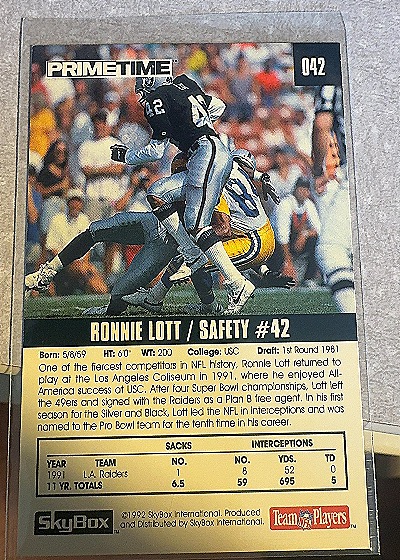 1992 SkyBox Primetime #042 Ronnie Lott — back