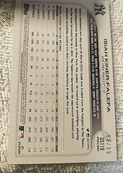 2023 Topps #US119 Isiah Kiner-Falefa — back