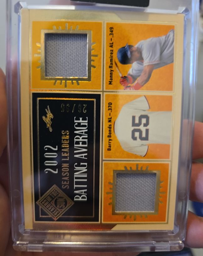 2025 Leaf Seasons in the Sun 2002 Leaders Barry Bonds Manny Ramirez Dual Patch #SL-349/370 — front