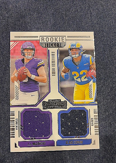 2024 Panini Contenders #DS-2 J.J. McCarthy / Blake Corum Rookie Ticket Dual Patch — front