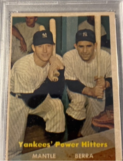 1957 Topps #407 Yankees' Power Hitters Mickey Mantle Yogi Berra — front