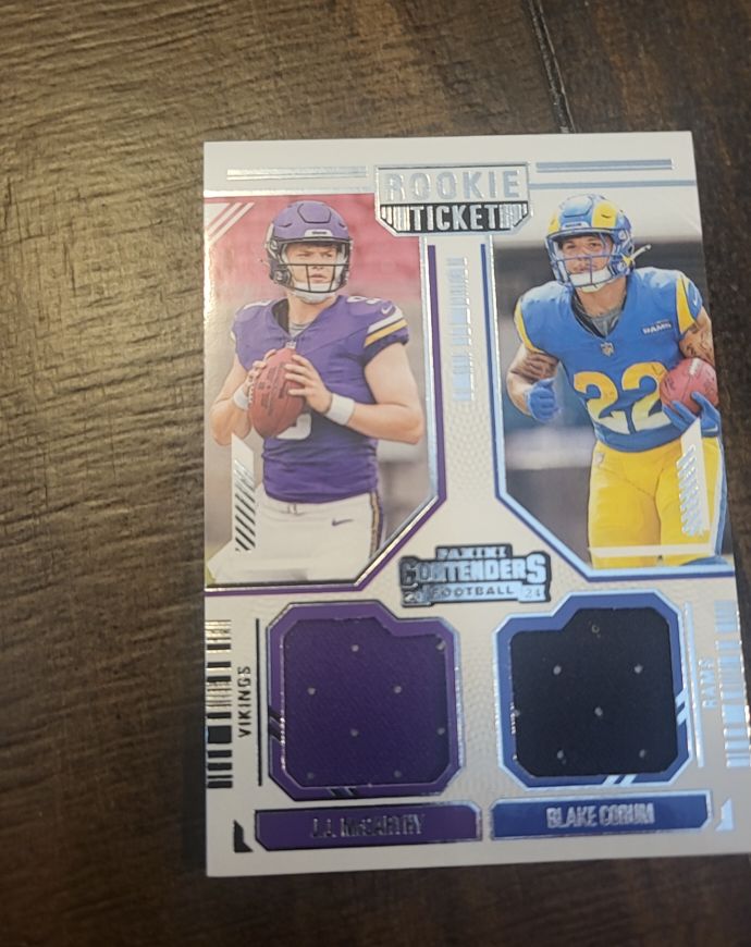 2024 Panini Contenders Football #DS-2 J.J. McCarthy & Blake Corum Rookie Ticket Dual Patch — front