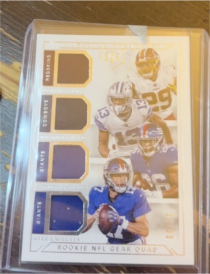 2018 Panini National Treasures Rookie NFL Gear Quad #GQM-13 Saquon Barkley Michael Gallup Golden Tate Kyle Lauletta — front
