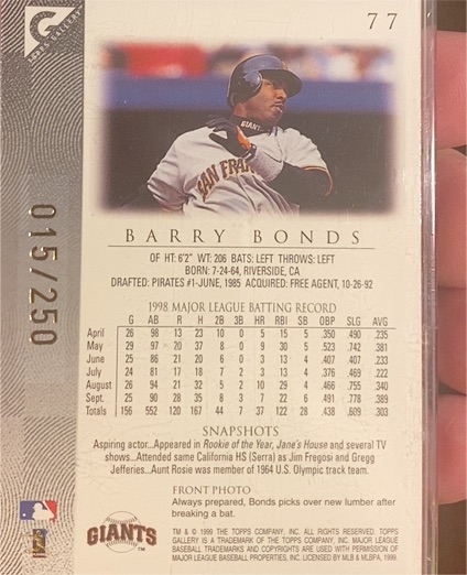 1999 Topps Gallery #77 Barry Bonds — front