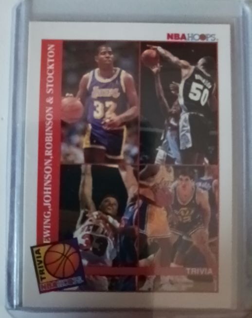 1992-93 NBA Hoops #485 Ewing, Johnson, Robinson & Stockton Trivia Card — front