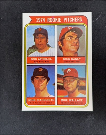 1974 Topps #605 Rookie Pitchers Bob Apodaca Dick Baney John D'Acquisto Mike Wallace — front