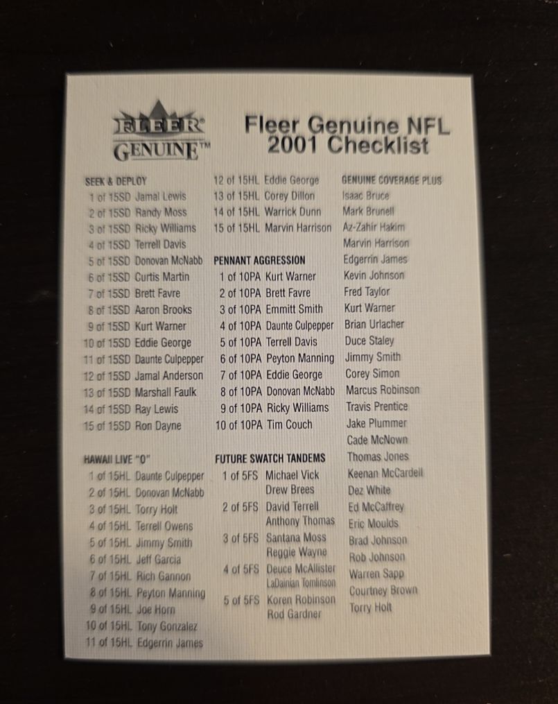 2001 Fleer Genuine NFL Checklist — front