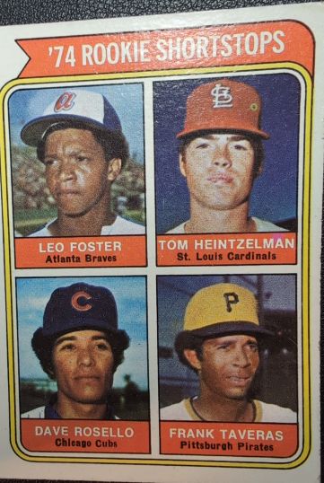 1974 Topps #607 Rookie Shortstops Leo Foster Tom Heintzelman Dave Rosello Frank Taveras — front