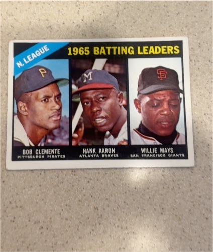 1966 Topps #215 NL Batting Leaders Clemente/Aaron/Mays — front