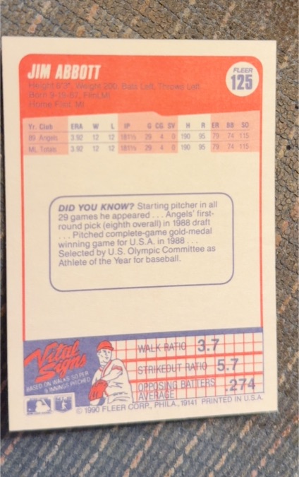 1990 Fleer #125 Jim Abbott — front