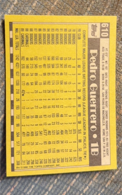 1990 Topps #610 Pedro Guerrero — front