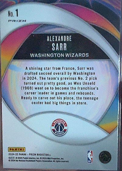 2024-25 Panini Prizm #1 Alexandre Sarr — back