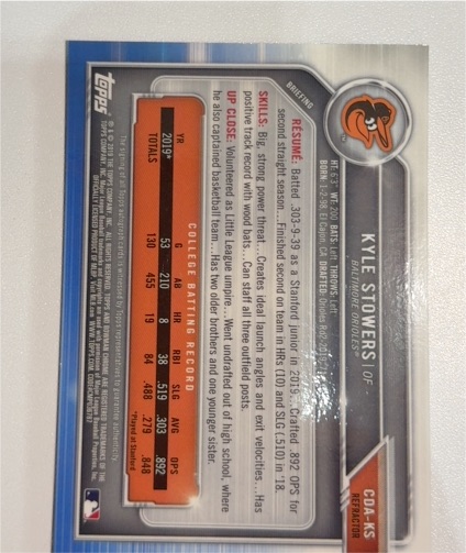 2019 Topps Kyle Stowers COA-KS Baltimore Orioles — front