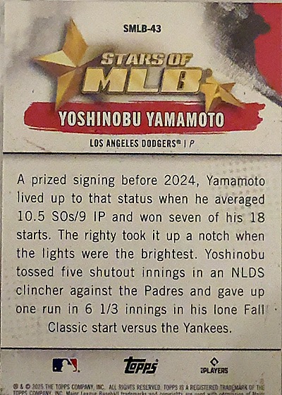 2025 Topps Stars of MLB #SMLB-43 Yoshinobu Yamamoto — back