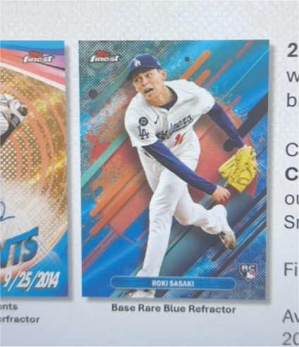 2023 Topps Finest Roki Sasaki Base Rare Blue Refractor — front